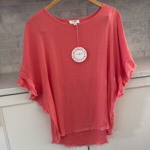 New Women's Umgee Size Small Coral Ruffle Dolman Sleeve Linen/Rayon Blouse